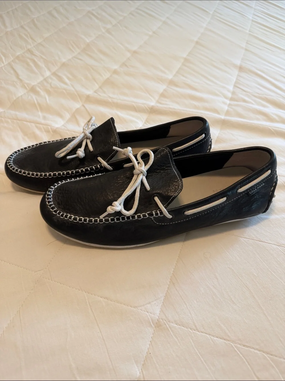 Cole Haan Black Leather Boat Shoes with White Laces